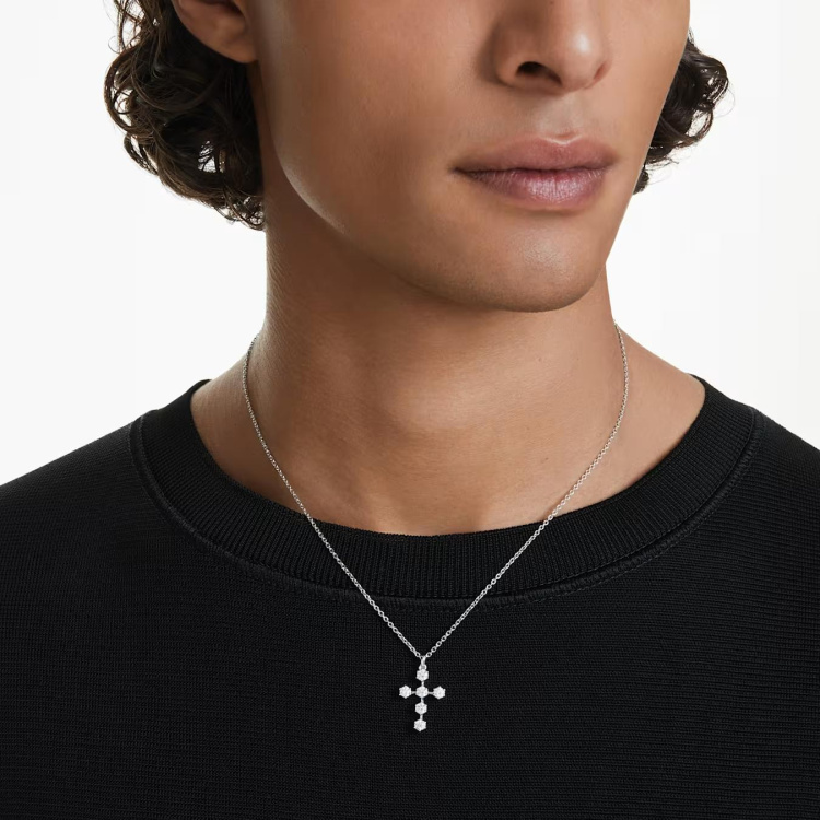 Insigne pendant Round cut, Cross, White, Rhodium plated